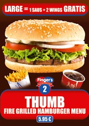 Our Thumb Menu, a fire grilled hamburger Menu forr only 5,95 €