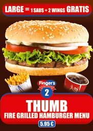 Our Thumb Menu, a fire grilled hamburger Menu forr only 5,95 €